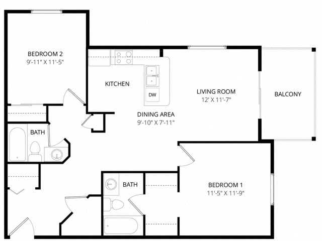 Floor plan for 2 beds, 2 baths, 881 sqft